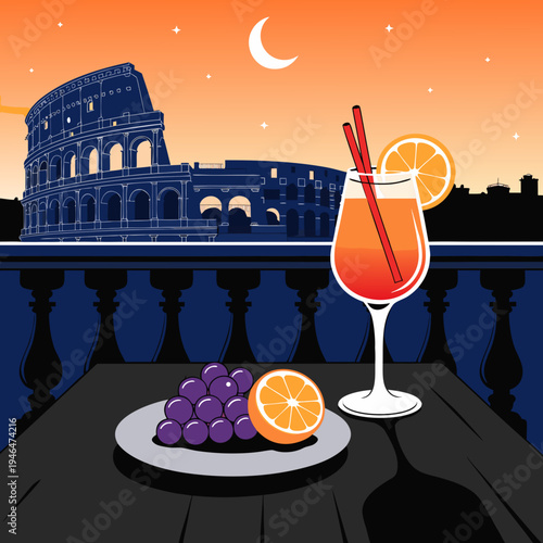 Flat Vector Illustration of a Summer Cocktail and Fruit on a Balcony Overlooking the Rome Colosseum, Italy Travel and Vacation Concept, Modern Graphic Art.