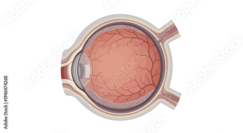 The human eye shows a detailed cross-section with visible blood vessels and optic nerves in a medical illustration.
