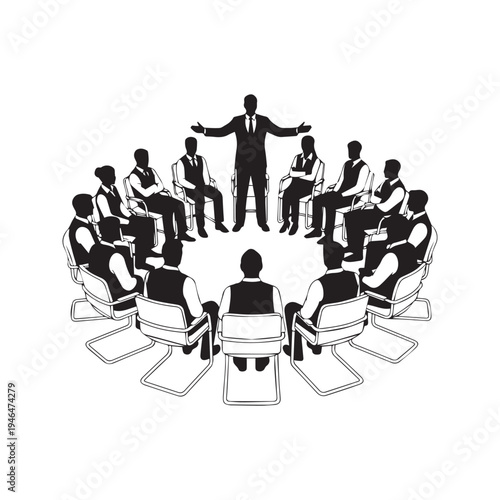 Business Meeting Presentation With Team Leader and Group Sitting in Circle
