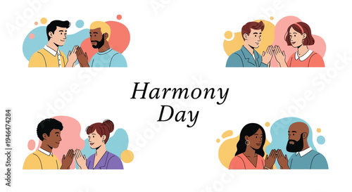 Illustration of diverse people celebrating Harmony Day with colorful backgrounds and peaceful gestures.