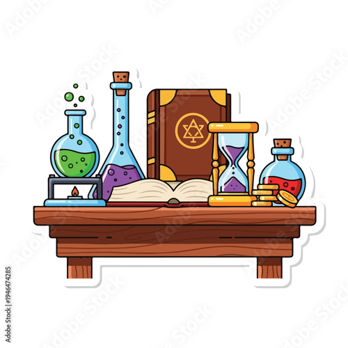 A wooden table with various alchemy equipment