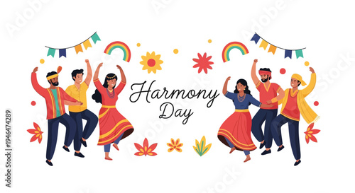 Illustration of diverse people dancing and celebrating Harmony Day with colorful decorations and festive elements on a white background.