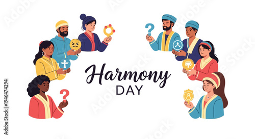 Illustration of diverse people celebrating Harmony Day with a multicultural harmony concept and peaceful coexistence.