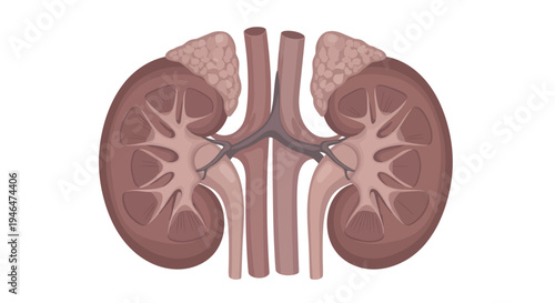 Anatomical illustration of human kidneys with renal structures and ureters clearly depicted.