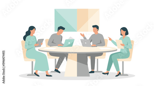 Business team collaborating at a meeting table with laptops and tablets