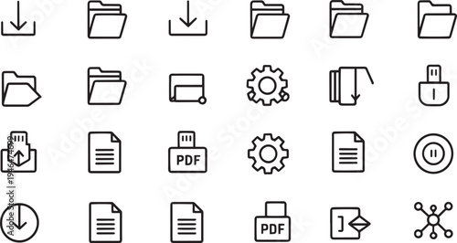 Collection of Digital Interface Icons Representing Data Management and Technology