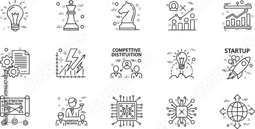 Business Innovation and Competitive Strategy Line Icons Set with Startup Rocket Idea Market Growth and Technology Vector