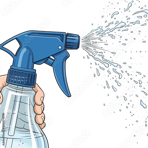 Hand holding a spray bottle spraying water.