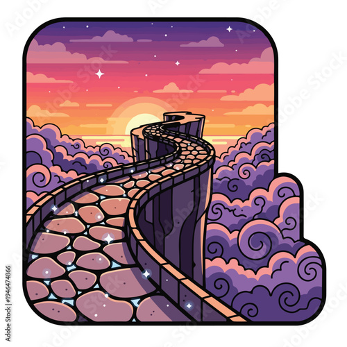 A winding stone path leads to a cliff under a colorful sky