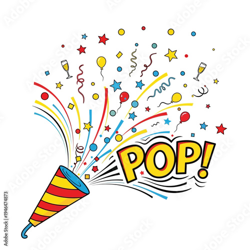 Colorful party popper with confetti and stars.