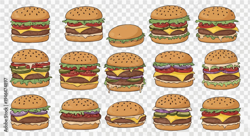 Set of various hand-drawn burger illustrations isolated on transparent background.