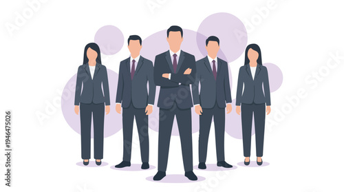 Professional business team with men and women in suits. Flat design illustration.