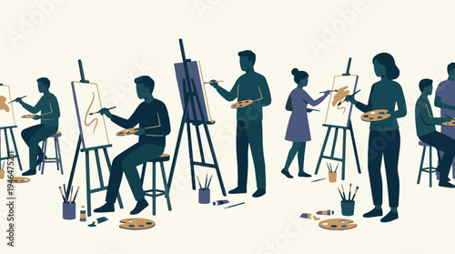 Diverse group of artists painting on easels in an art studio workshop