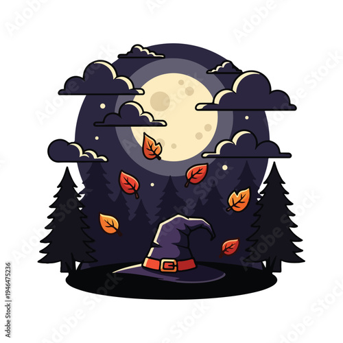 A witch's hat in front of a moonlit forest