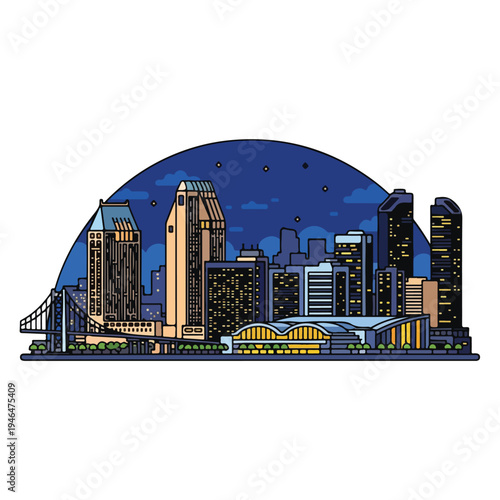 A vibrant cityscape at night with a bridge and tall buildings