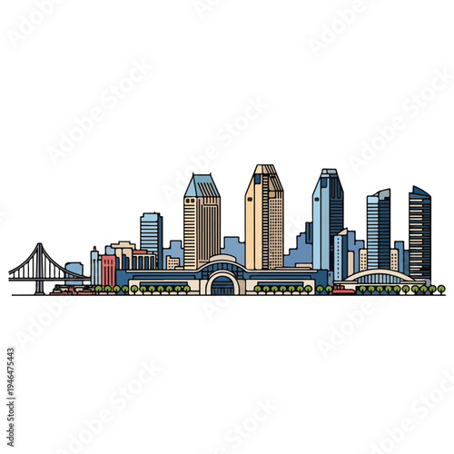 A vibrant cityscape with diverse buildings and bridges