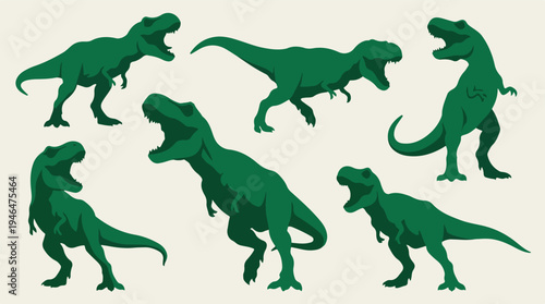 Green T-Rex dinosaurs in various action poses, silhouette vector set