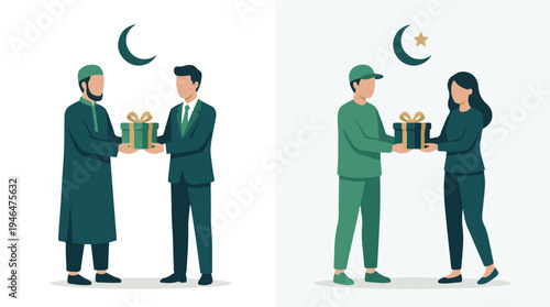 Muslim people exchanging gifts during Eid celebration with Islamic symbols