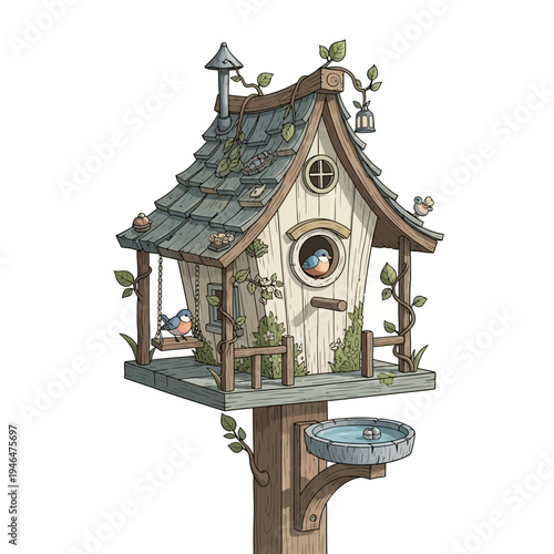 whimsical birdhouse with green roof.