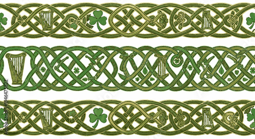 Celtic knot border design with shamrocks harps and ornaments in green on white background