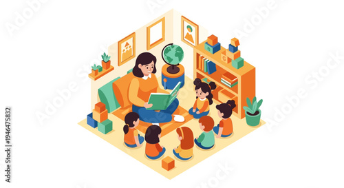 woman teaching children in classroom.