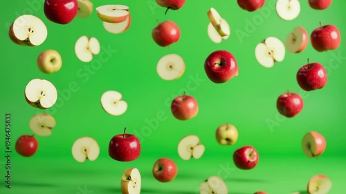 falling apple slices and pieces on green screen for food vfx and juice commercials