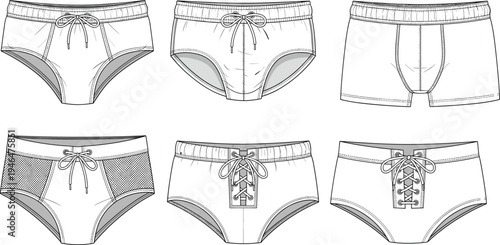 Men’s and women’s swimwear flat sketch, technical fashion drawing, front and back vector set, lace-up, waistband, detailed illustration