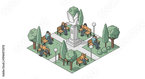 people sitting on benches in a park.