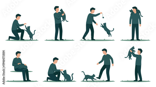 Set of illustrations showing a man interacting and playing with pet cats