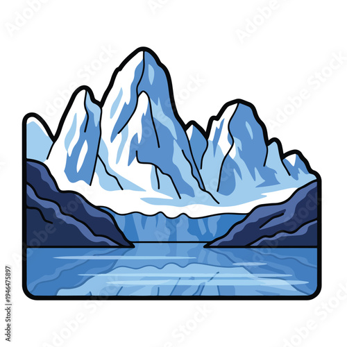 A stylized illustration of a majestic mountain range with icy peaks and serene waters