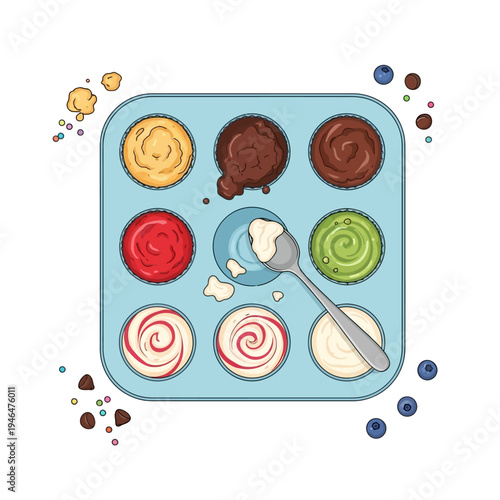 Colorful ice cream flavors on tray.