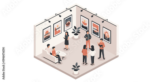 People viewing artwork in a gallery.