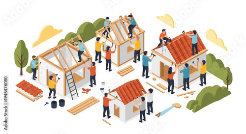 Construction workers building houses together.