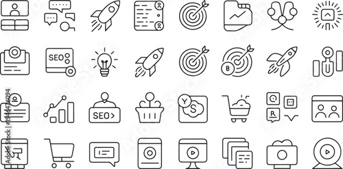 Collection of flat design digital marketing and technology icons isolated on transparent background
