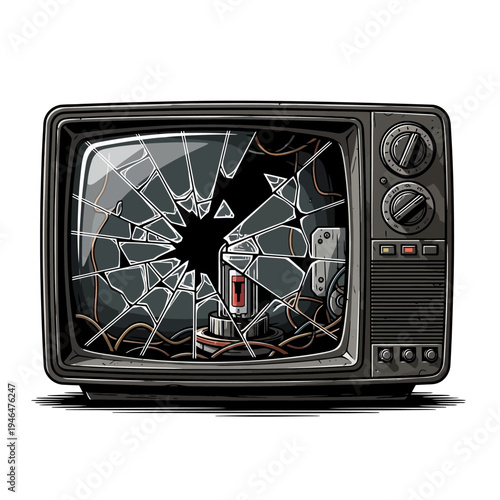 A broken old television set with cracked screen.