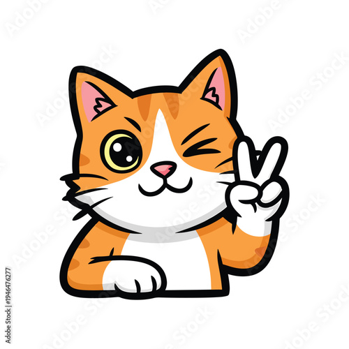 Cute cartoon cat winking with peace sign, charming vector illustration on white