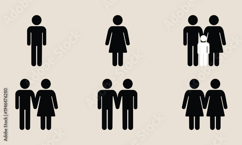 Modern family diversity icons set including single parents and same sex couples with children representing inclusive society and various household structures for social studies and human rights work