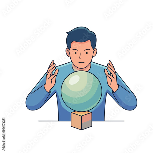 Man looks into crystal ball with hands raised in mystic setting