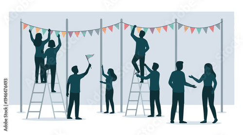 Team collaboration on event decoration with colorful bunting and ladders