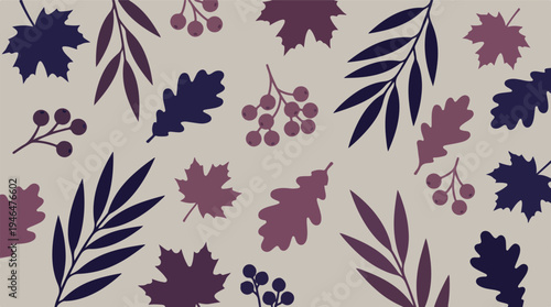 Autumnal Leaves and Berries Seamless Pattern on Light Beige Background