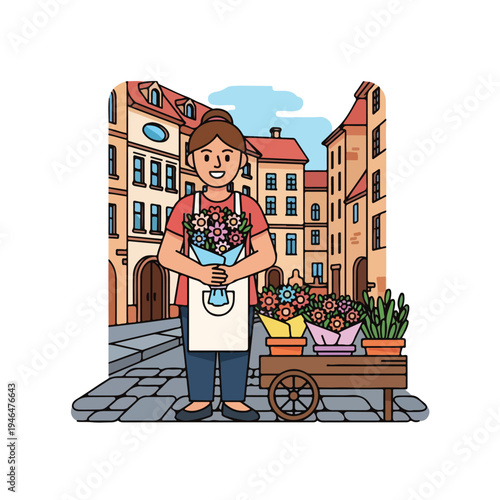 A woman holds flowers on a cobblestone street