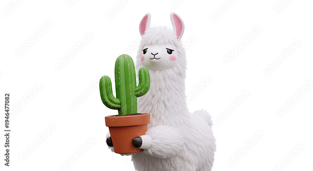 Fototapeta premium Cartoon Llama Holding a Potted Cactus