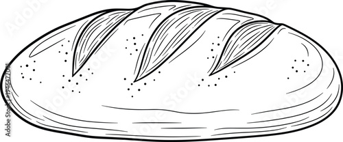 Freshly baked bread loaf outline icon isolated on white background, wheat food vector illustration for bakery shop, organic breakfast cereal product.