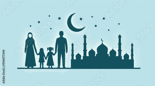 Muslim Family and Mosque Silhouette with Crescent Moon and Stars