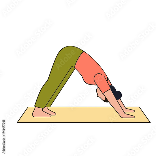 A woman performs downward dog yoga on a mat indoors