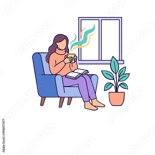 Woman sitting on a chair drinking coffee while reading a book by the window with a plant nearby indoors.