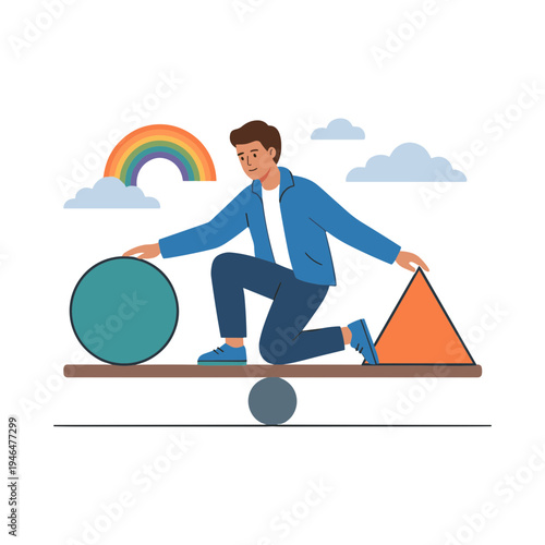 Man balances on seesaw with geometric shapes under rainbow