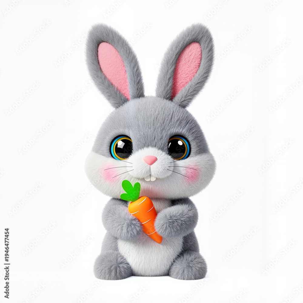 Fototapeta premium Cute fluffy bunny with carrot, for Easter holidays, ideal for children's materials and decorations