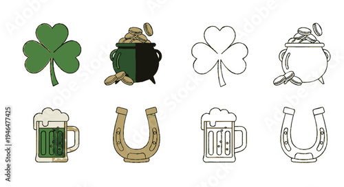St patrick's day icons set with shamrocks pot of gold beer horseshoe and clover