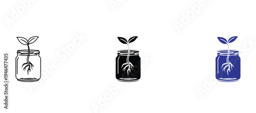  Plant seedling in glass jar icon set for growth and hydroponics concept. Vector sapling symbols with roots in outline, black, and blue styles for gardening, ecology, and sustainable agriculture.
